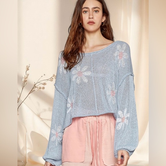 POL The Daisy Drift Sweater | Sky Blue Lightweight Floral Balloon Sleeve Top - Picture 3 of 7